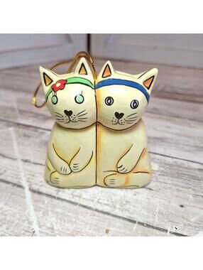 Vintage Hand-Carved Hand-Painted Wooden Boy/Girl Cat Ornament Hugging 3.5"H